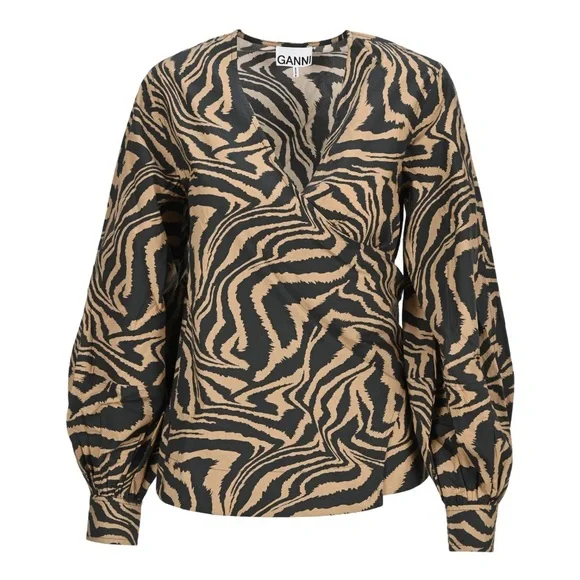 Ganni Zebra Print Poplin Wrap Top - Picture 2 of 8